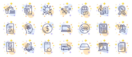 Outline set of Recovery phone, Squad and Tax calculator line icons for web app. Include Approved document, Dollar money, Fast food pictogram icons. Free delivery, Market seller, Laptop signs. Vector