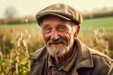 Fototapeta premium Portrait of an old peasant smiling. Wheat field in background. Created with Generative AI technology.