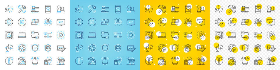 Vector icons set of Table lamp, Money transfer and Execute line icons pack for web with Package protection, Info, Vip access outline icon. Photo edit, Falling star, Grocery basket pictogram. Vector