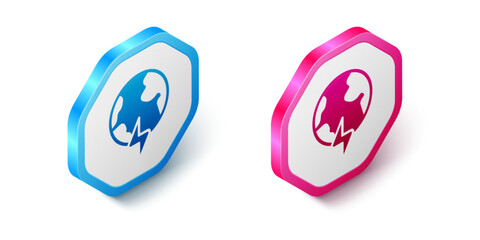 Isometric Global energy power planet with flash thunderbolt icon isolated on white background. Ecology concept and environmental. Hexagon button. Vector