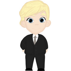 kleiner Junge mit blonden Haaren, blauen Augen, einer grauen Krawatte und einem schwarzen Anzug