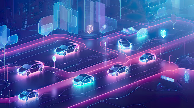 Futuristic illustration showcasing the potential of connected cars, with IoT and smart technologies, neon, AI generative digital illustration