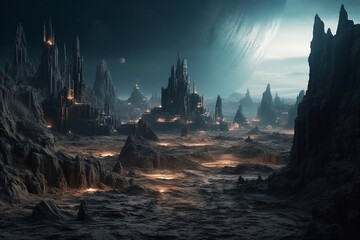 Naklejka premium Space planetary citadel in space with lifeless planets. AI generated