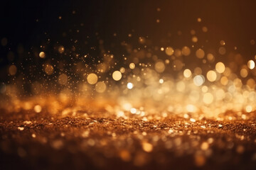 Naklejka premium A glitter grunge background with bokeh lights and golden glitter particles. Festive decoration for Christmas and luxury party. AI Generative.