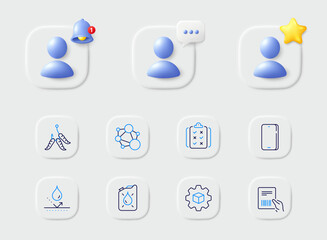 Phone, Maggots and Integrity line icons. Placeholder with 3d star, reminder bell, chat. Pack of Waterproof, Parcel invoice, Rule icon. Product development, Canister pictogram. Vector