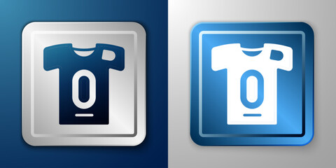 White Football jersey and t-shirt icon isolated on blue and grey background. Silver and blue square button. Vector