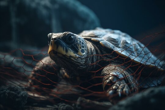 Turtle Trapped In Fishing Net. Generative AI