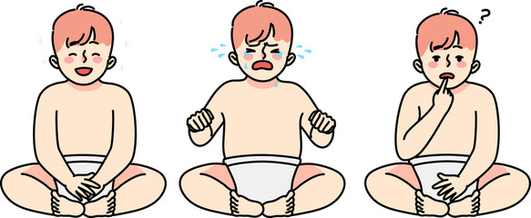 Set of baby in diaper with different emotions