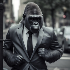 Gorilla in business suit in the city. AI generated.