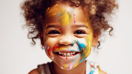 Obraz premium Happy baby girl with colorful paint on her face, generative ai.