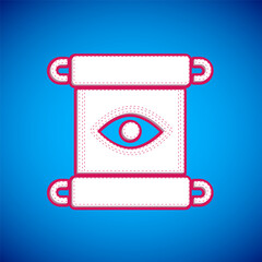 White Magic scroll icon isolated on blue background. Decree, paper, parchment, scroll icon. Vector