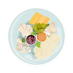Cheese plate illustration in color cartoon style. Editable vector graphic design.