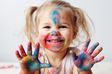 Happy baby girl with colorful paint on her face, generative ai.