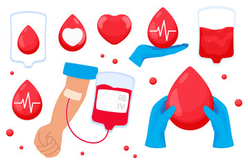 Set of illustrations for blood donor day, blood bag, blood drop, heart, heartbeat, hand with blood bag, rhesus factor, donation . Vector