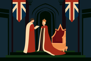 Coronation day illustration, silhouettes of people, coronation of the king, flag of England, vector - obrazy, fototapety, plakaty