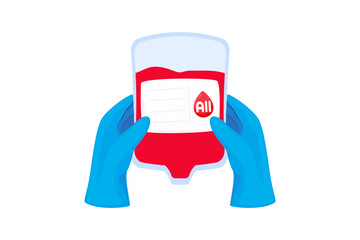 Illustration for blood donor day, hands in medical gloves holding blood bag, rhesus factor, donation . Vector