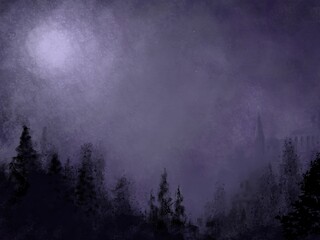 遠くにうっすらと古城が立つ暗い森とほの暗い月明りが不気味な夜の背景イラスト