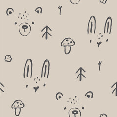 Forest sketch nursery seamless pattern. Bear and hare faces in minimalistic trendy line Scandinavian childish style. Cute animals with Christmas trees and mushrooms with a black brush on a beige.