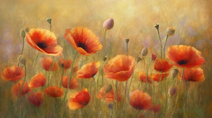 Wild red poppy on a field or meadow, AI generative illustration