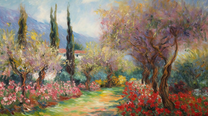 Springtime garden view in Mediterranean country, AI generative illustration