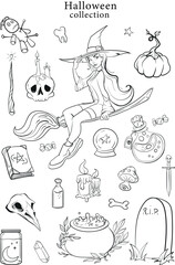 Halloween set. Various contour objects. Vector illustration. Isolated on white background.