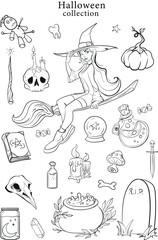 Obraz premium Halloween set. Various contour objects. Vector illustration. Isolated on white background.