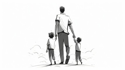 Un père et ses deux fils, silhouettes tournées vers l'avenir, illustration ia générative