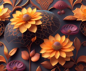 Colored pattern of beautiful three-dimensional flowers. 3D illustration, Generative, AI, Generative AI. For wrappers, wallpapers, postcards, greeting cards, wedding invitations, romantic events.