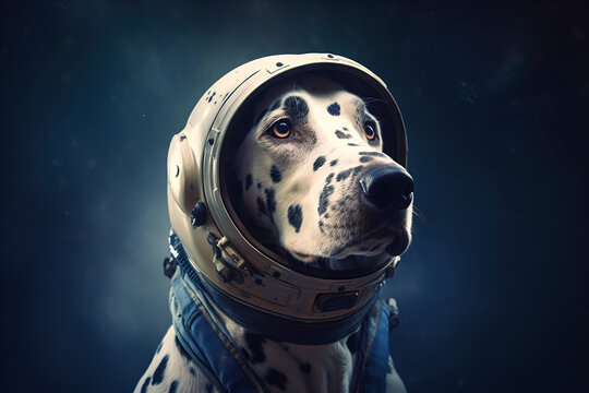 Cute dog astronaut, pet Dalmatian in a helmet and a spacesuit in space. Animal fantasy Generative AI