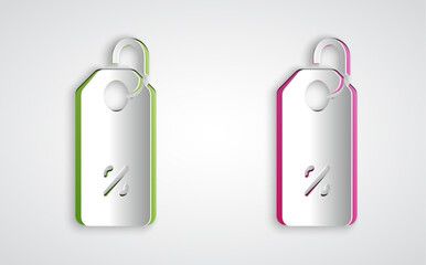 Paper cut Discount percent tag icon isolated on grey background. Shopping tag sign. Special offer sign. Discount coupons symbol. Paper art style. Vector