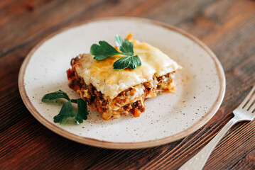 Tasty lasagna italian delicious food meals eat on the wooden dark table lyfestile still life photo