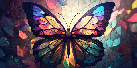 Colorful illustration of stained glass butterfly created  by Generative AI.