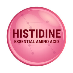 Vector icon of histidine. Essential amino acid with the abbreviation His. Red molecule isolated on a white background. H amino acid used in the biosynthesis of proteins. Food and nutrition concept.