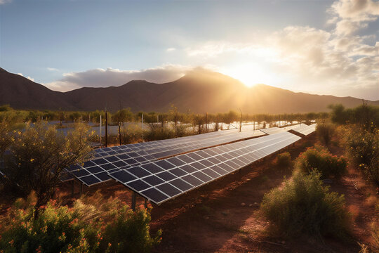 Solar panel farm with rows of panels. Clean energy concept. AI generated