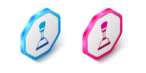 Isometric Gear shifter icon isolated on white background. Manual transmission icon. Hexagon button. Vector