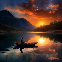 Paisaje increíble, con lago y montañas y barca con hombre pescando. Paisaje de atardecer idílico, generative ai.
