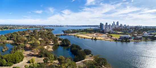 Foto auf Leinwand panorama of the river an the perth skyline in the backround, aerial view panoramic, Perth, Western Australia, Australia, Ozeanien © Jana Schönknecht