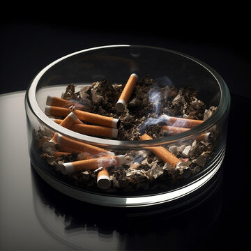 Cenicero lleno de colillas de tabaco, cigarros en cenicero. Concepto de espacio sin humos, fumadores y salud. Generative ai.