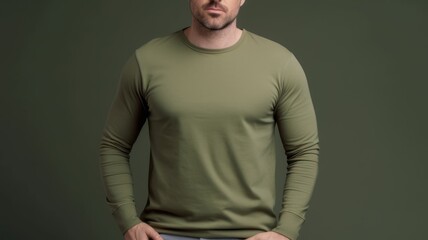 White man model wearing a plain olive green long sleeve t-shirt, isolated on a blank background. Mock-up, torso only. Generative AI illustration.