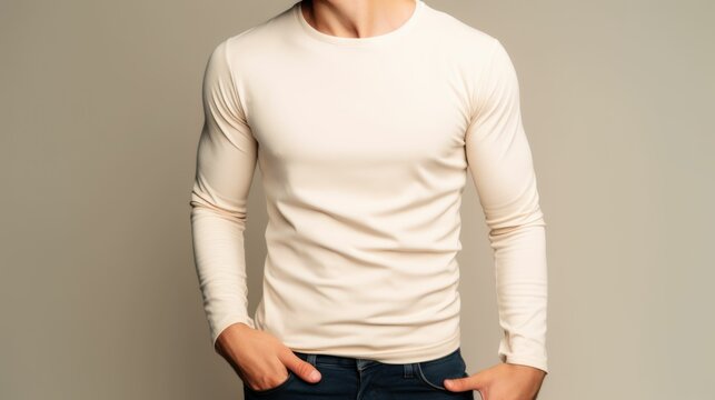 White man model wearing a plain beige long sleeve t-shirt, isolated on a blank background. Mock-up, torso only. Generative AI illustration.