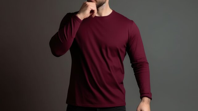 White man model wearing a plain burgundy long sleeve t-shirt, isolated on a blank background. Mock-up, torso only. Generative AI illustration.