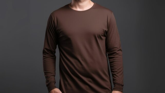 White man model wearing a plain dark brown long sleeve t-shirt, isolated on a blank background. Mock-up, torso only. Generative AI illustration.