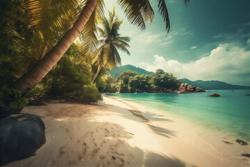 Plakat Beautiful beach with white sand and palm trees on tropical island. AI generated