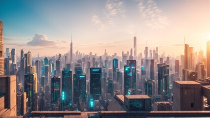A Captivating View Of A City With Skyscrapers And A Bright Sun AI Generative