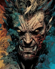 Wolverine,Xmen, demonic face, style of devilcore, dark brown and sky - blue, vibrant chaos, intricate use of hatching, demonic photograph, light yellow and dark crimson, marvel comics, generative AI