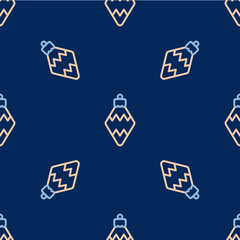 Line Christmas toy icon isolated seamless pattern on blue background. Merry Christmas and Happy New Year. Vector