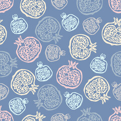 Seamless pattern for different types of printing. Cute design element. Colored pomegranate fruits in cut form. Creative scribble style.