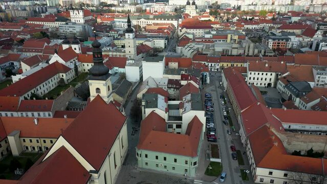 Aerial view of Trnava old district, old architecture, landmarks of Slovakia, 4k