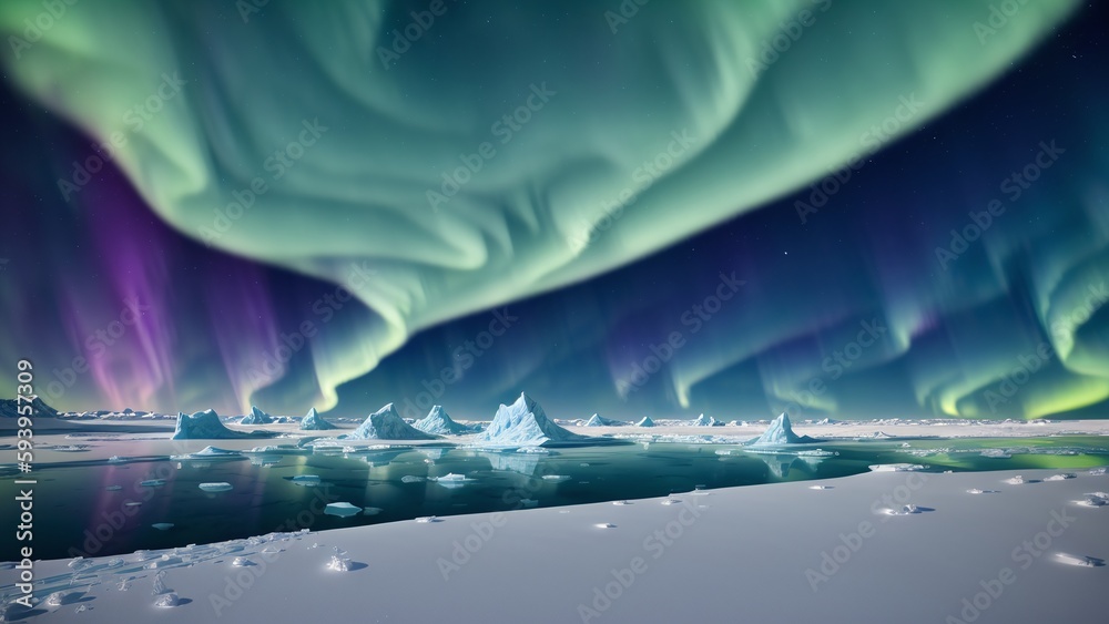Wall mural an expressive image of a large aurora bore with icebergs in the foreground ai generative