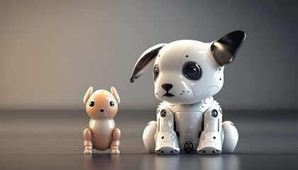 Großer KI Roboter Hund passt auf den kleinen Roboterhund auf. Roboter-Haustiere mit künstlicher Intelligenz als Spielzeug. Generativ KI - obrazy, fototapety, plakaty